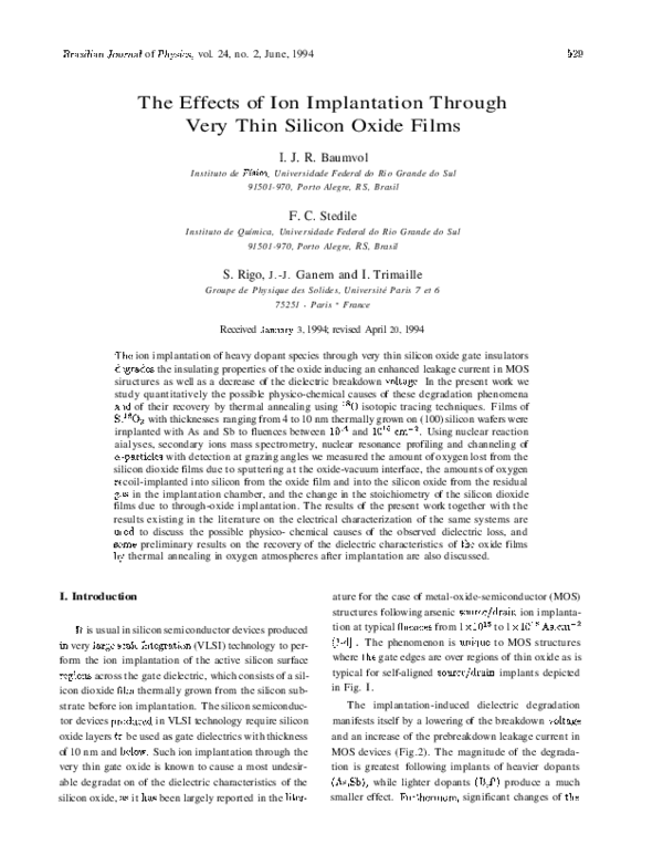 (PDF) The effects of ion implantation through very thin silicon oxide films