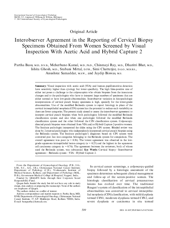(PDF) Interobserver Agreement in the Reporting of Cervical Biopsy ...