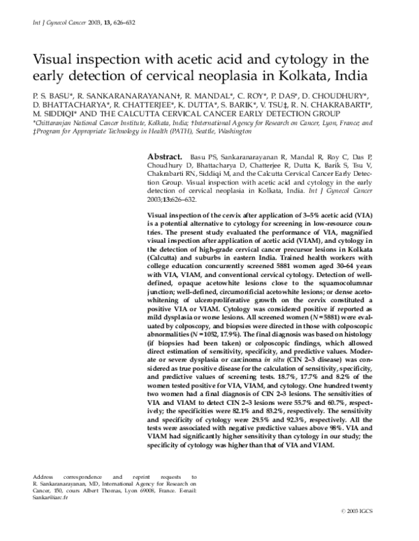 (PDF) Visual inspection with acetic acid and cytology in the early