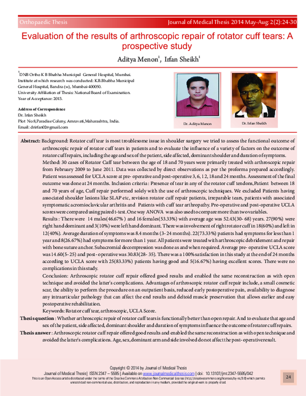 (PDF) Evaluation of the results of arthroscopic repair of rotator cuff ...