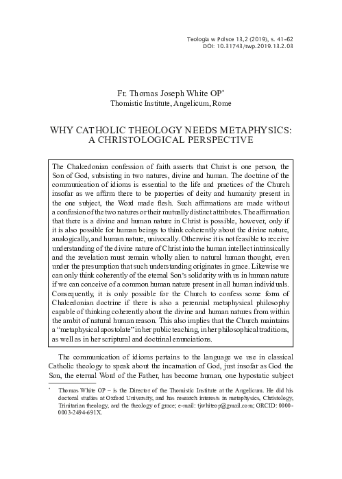 (PDF) Why Catholic Theology Needs Metaphysics: A Christological Perspective