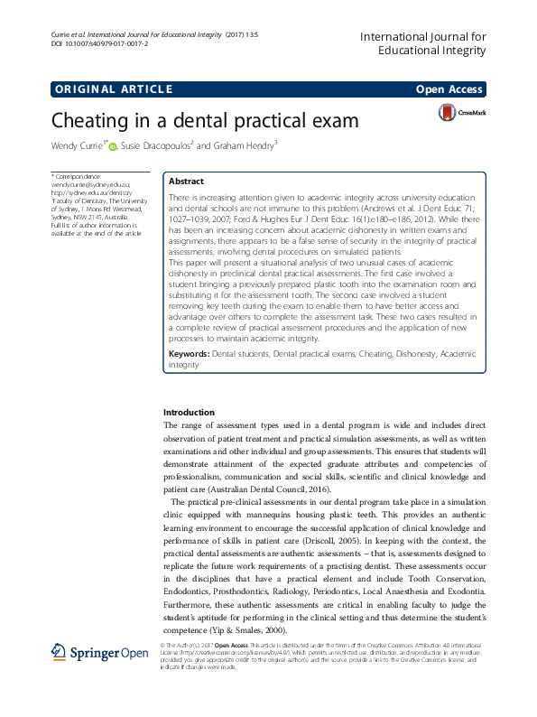 (PDF) Cheating in a dental practical exam Susie Dracopoulos