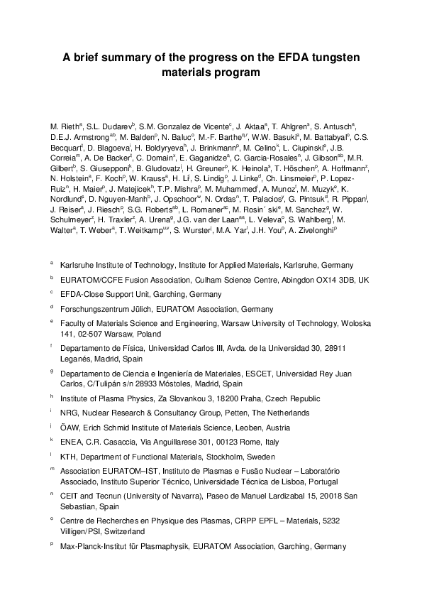 (PDF) A brief summary of the progress on the EFDA tungsten materials ...