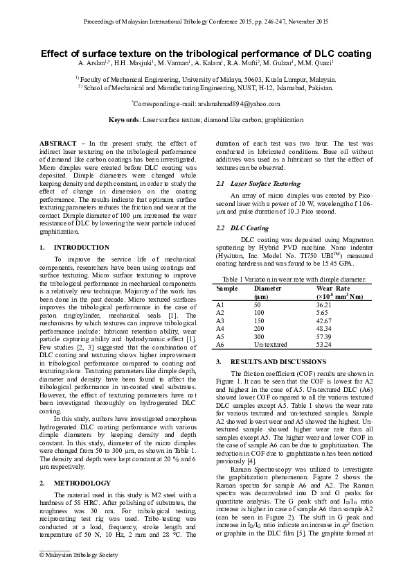 (PDF) Effect of surface texture on the tribological performance of DLC ...