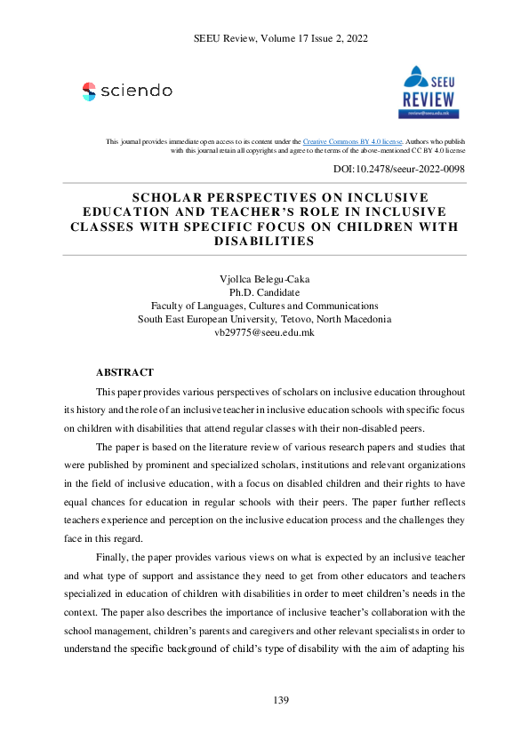 (PDF) Scholar Perspectives on Inclusive Education and Teacher’s Role in ...