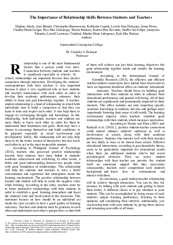 (DOC) The Importance of Relationship Skills Between Students and Teachers