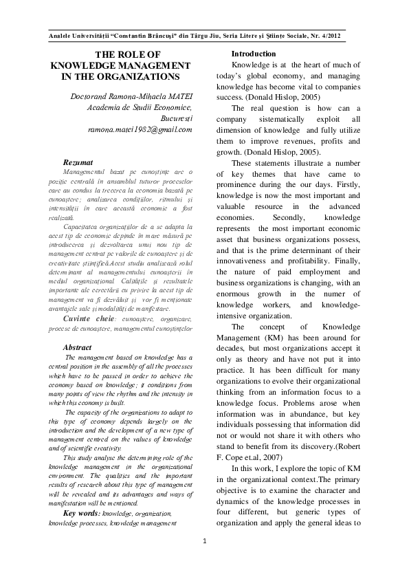 (PDF) The Role of Knowledge Management in the Organizations