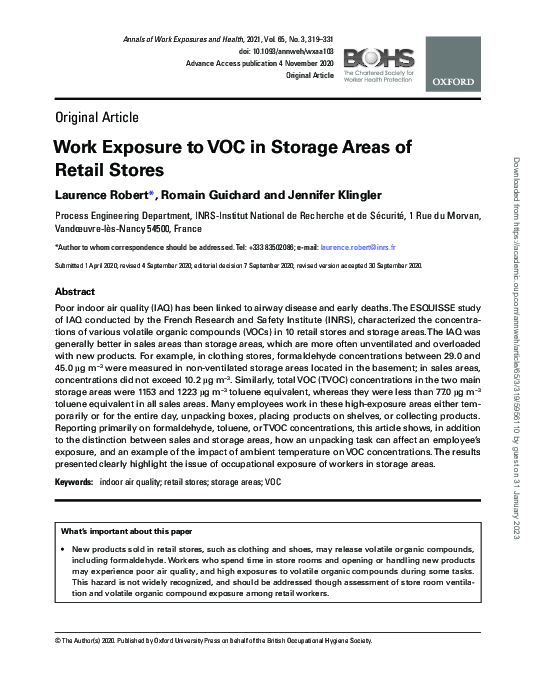 (PDF) Work Exposure to VOC in Storage Areas of Retail Stores
