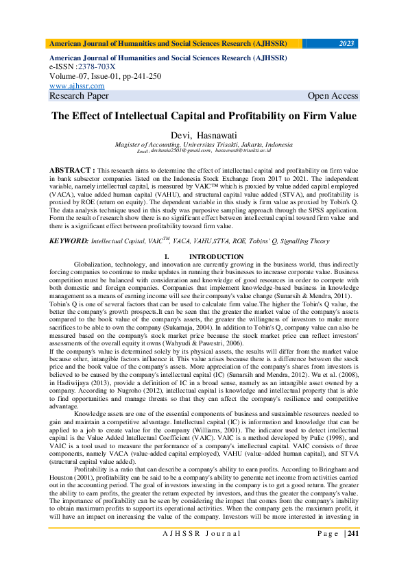 (PDF) The Effect of Intellectual Capital and Profitability on Firm Value