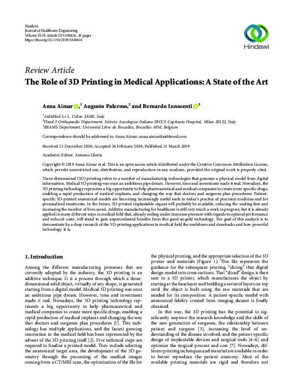 (PDF) The Role of 3D Printing in Medical Applications: A State of the Art