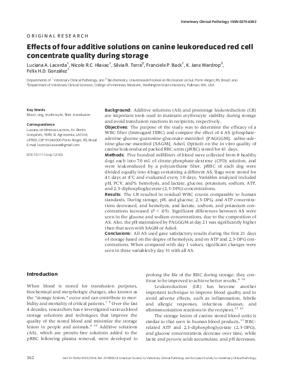 (PDF) Effects of four additive solutions on canine leukoreduced red ...