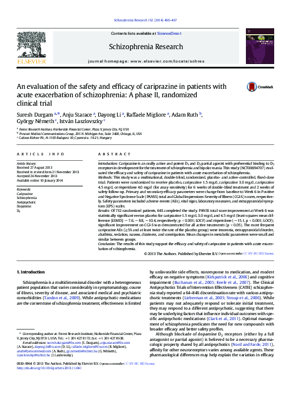 (PDF) An evaluation of the safety and efficacy of cariprazine in ...