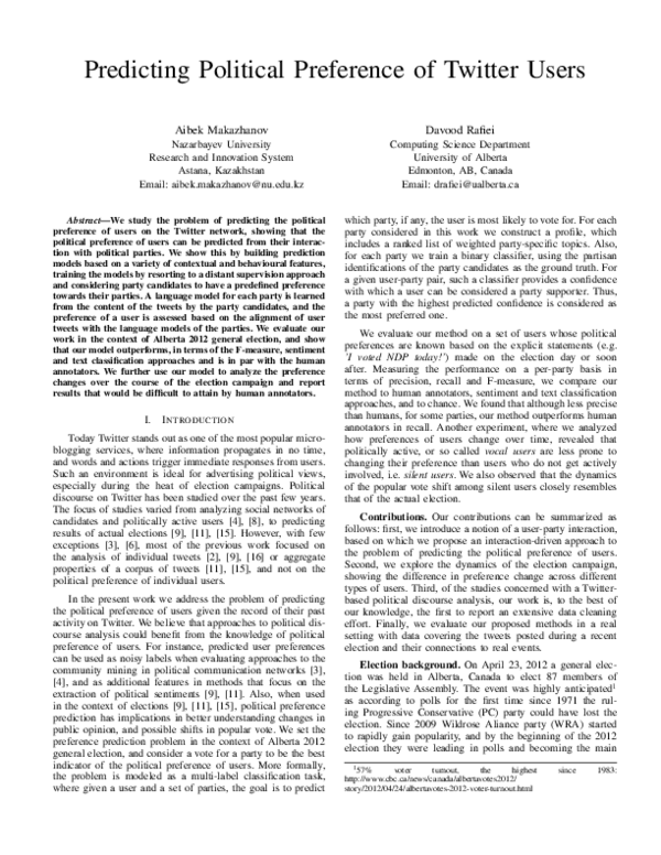(PDF) Predicting political preference of Twitter users
