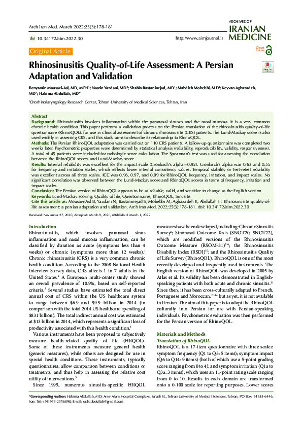 (PDF) Rhinosinusitis Quality-of-Life Assessment: A Persian Adaptation ...