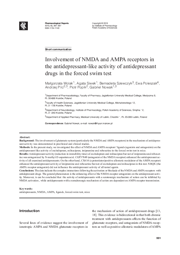 (PDF) Involvement of NMDA and AMPA receptors in the antidepressant-like ...