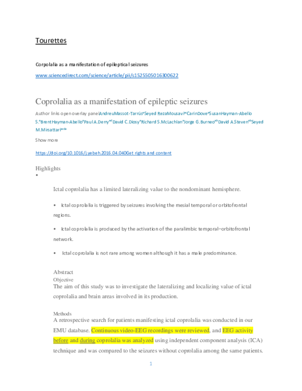 (PDF) Coprolalia as a manifestation of epileptic seizures