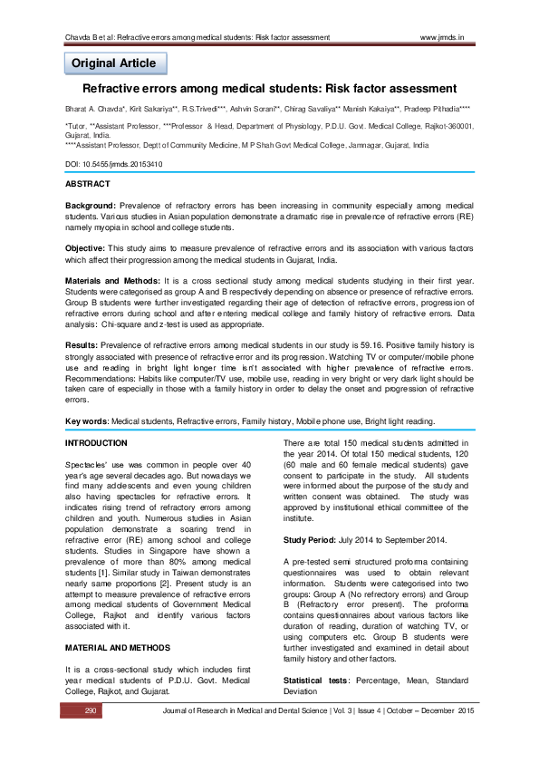 (PDF) Refractive errors among medical students: Risk factor assessment