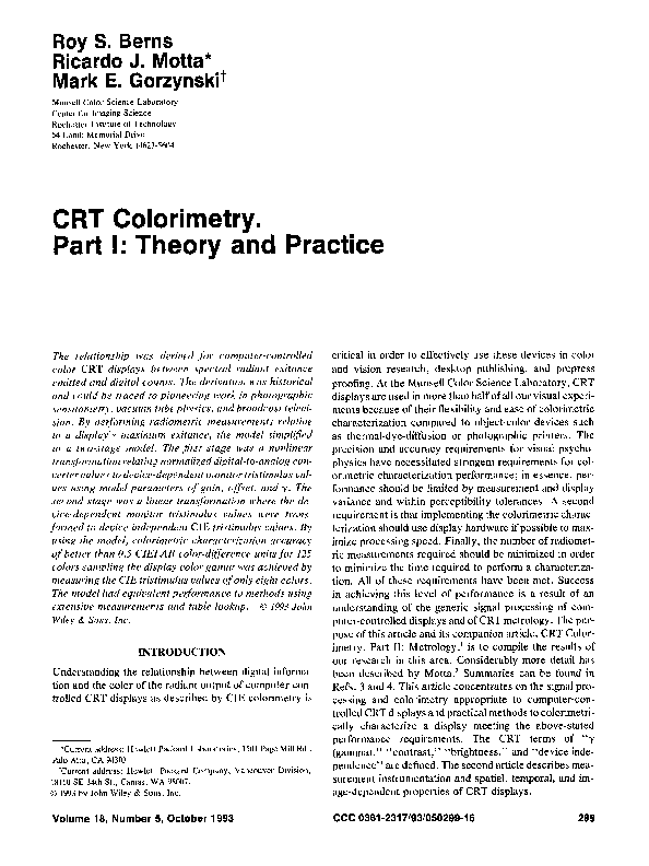 (PDF) CRT colorimetry. part I Theory and practice Mark Gorzynski