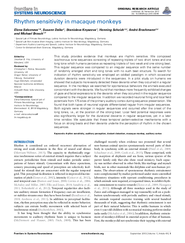 (PDF) Rhythm sensitivity in macaque monkeys