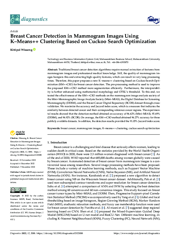(PDF) Breast Cancer Detection in Mammogram Images Using K–Means++ ...