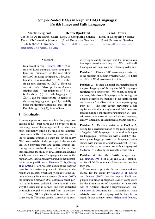 (PDF) Single-Rooted DAGs in Regular DAG Languages: Parikh Image and ...