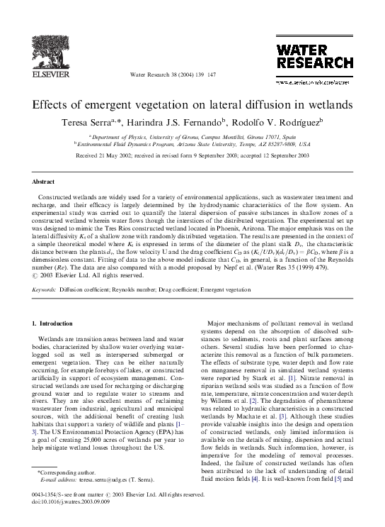 (PDF) Effects of emergent vegetation on lateral diffusion in wetlands