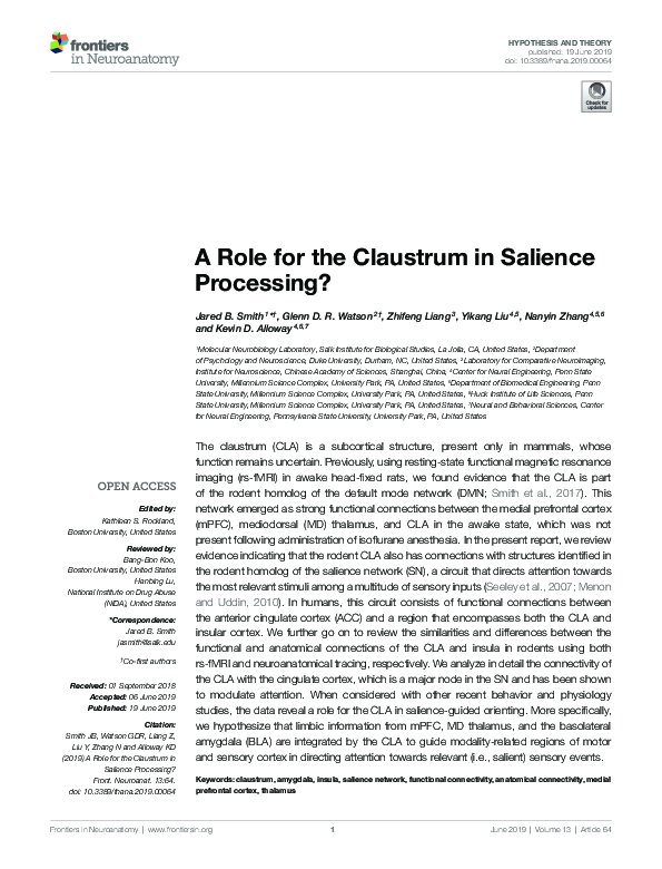 (PDF) A Role for the Claustrum in Salience Processing?