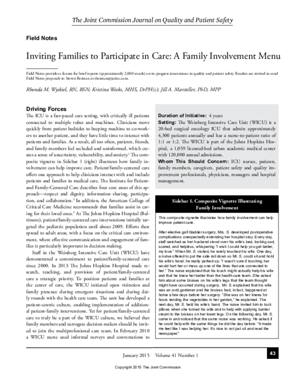 (PDF) Inviting Families to Participate in Care: A Family Involvement Menu