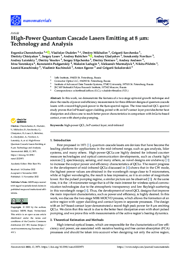 (PDF) High-Power Quantum Cascade Lasers Emitting at 8 μm: Technology ...