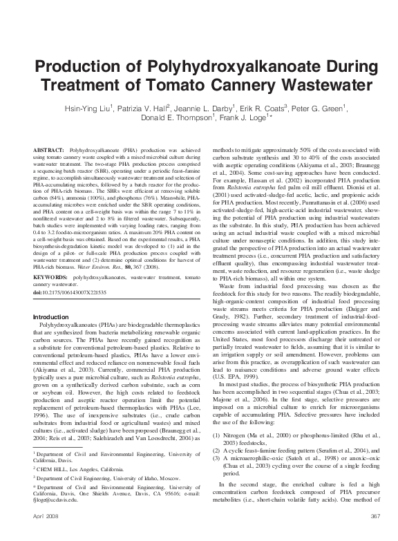 (PDF) Production of Polyhydroxyalkanoate During Treatment of Tomato ...