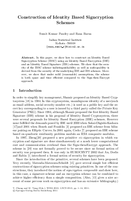 (PDF) Construction of Identity Based Signcryption Schemes