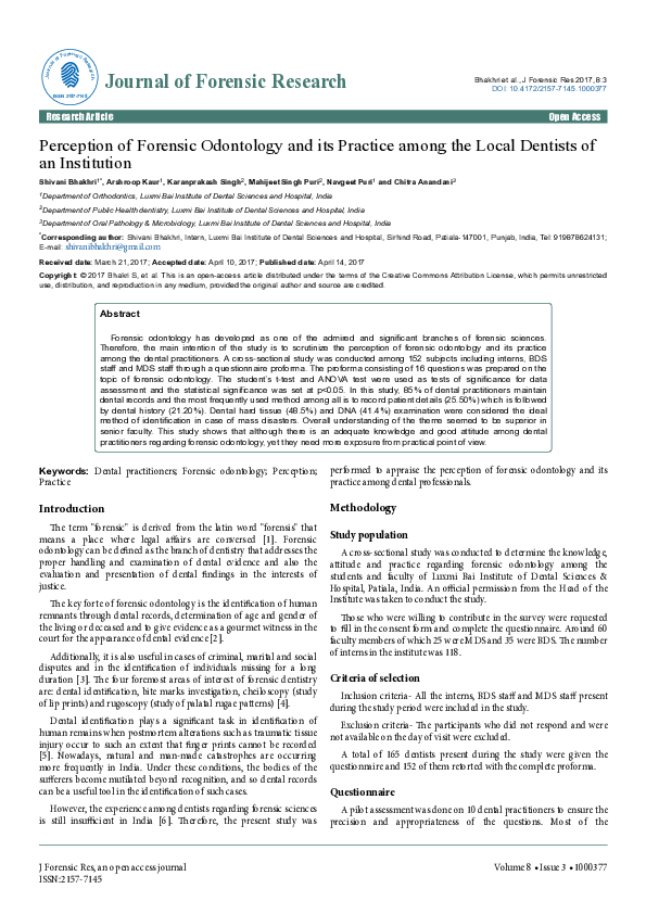 (PDF) Perception of Forensic Odontology and its Practice among the ...