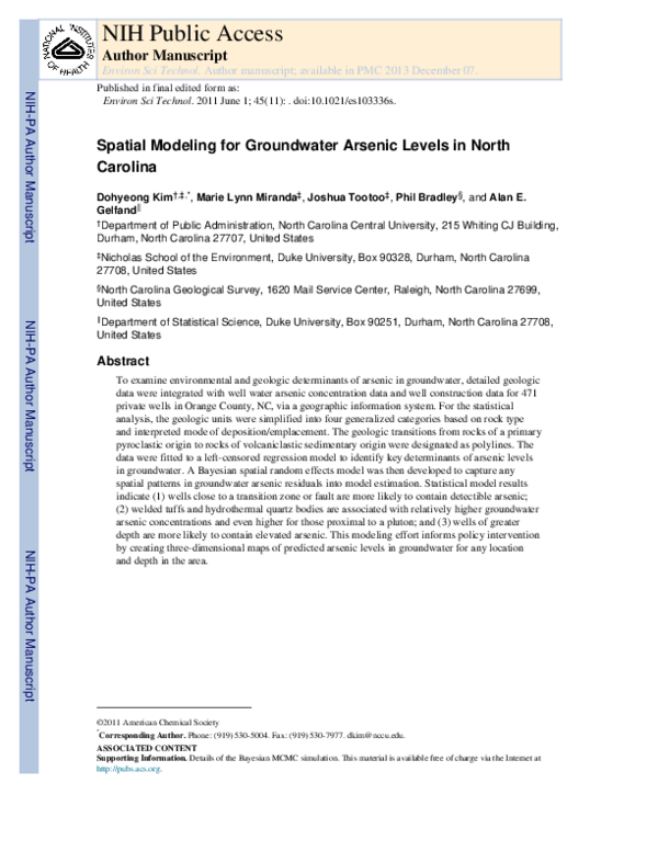 (PDF) Spatial Modeling for Groundwater Arsenic Levels in North Carolina