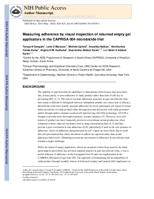 (PDF) Measuring Adherence by Visual Inspection of Returned Empty Gel ...