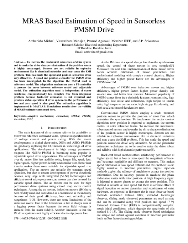 (PDF) MRAS based estimation of speed in sensorless PMSM drive