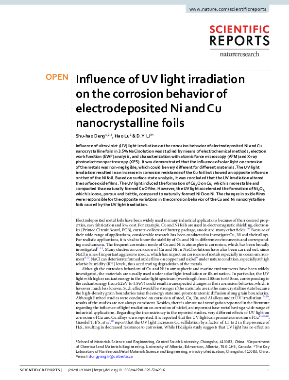 (PDF) Influence of UV light irradiation on the corrosion behavior of ...