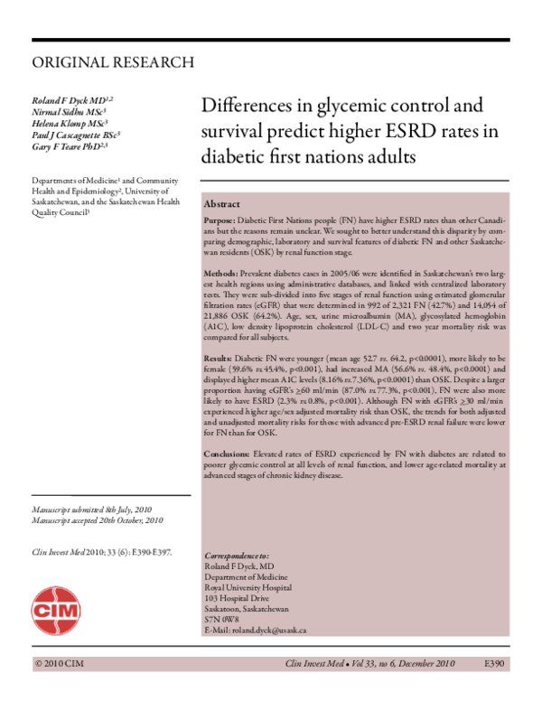 Differences in glycemic control and survival predict higher ESRD rates in diabetic first nations adults