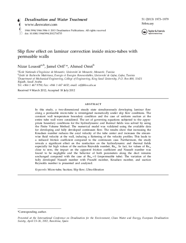 (PDF) Slip flow effect on laminar convection inside micro-tubes with ...