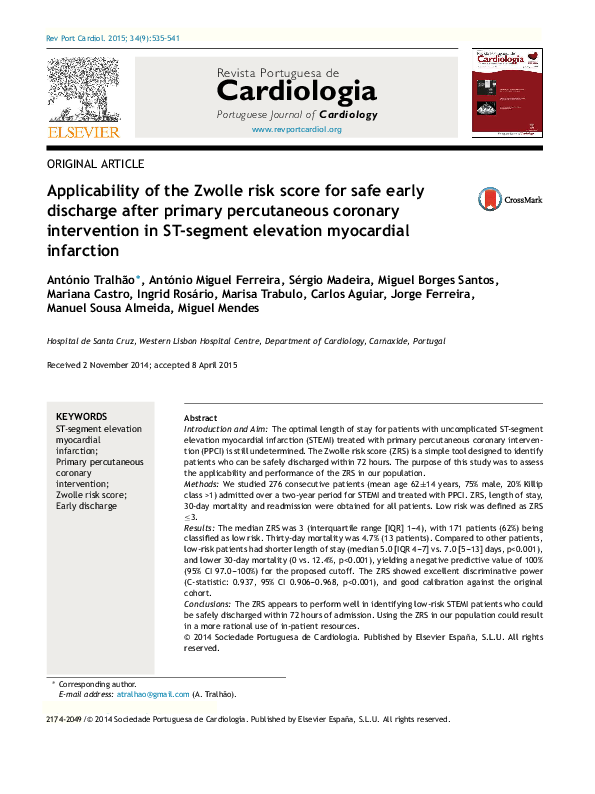 (PDF) Applicability of the Zwolle risk score for safe early discharge ...