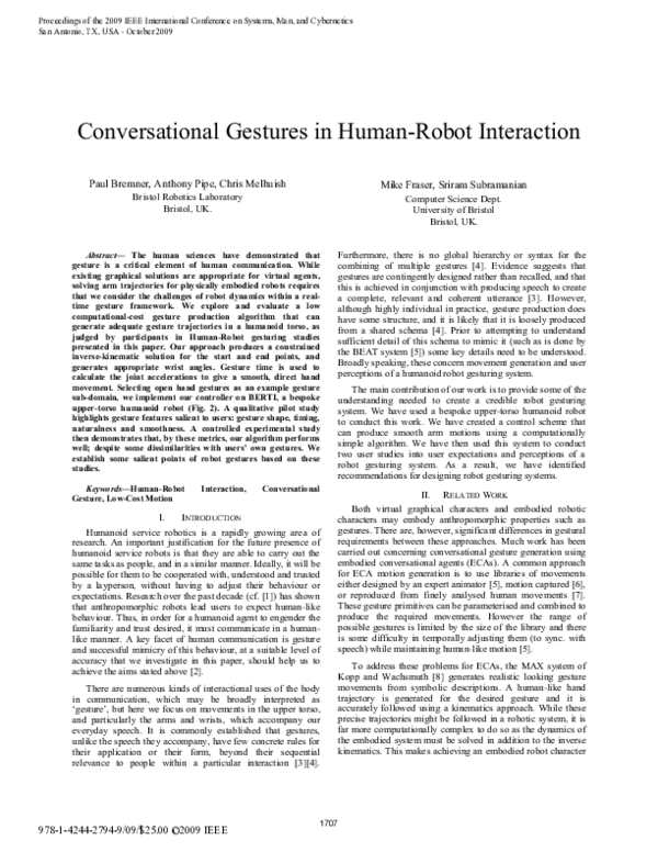 (PDF) Conversational gestures in human-robot interaction
