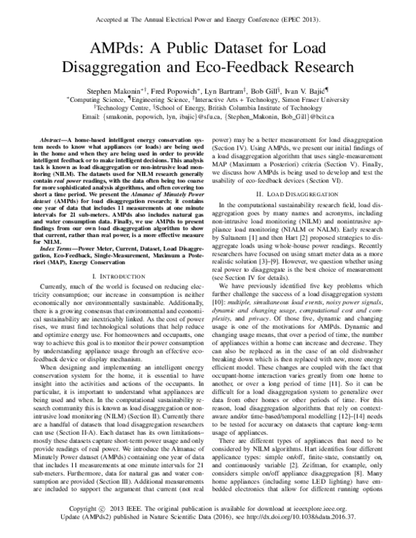 (PDF) AMPds A public dataset for load disaggregation and ecofeedback