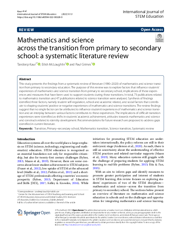 (PDF) Mathematics and science across the transition from primary to ...