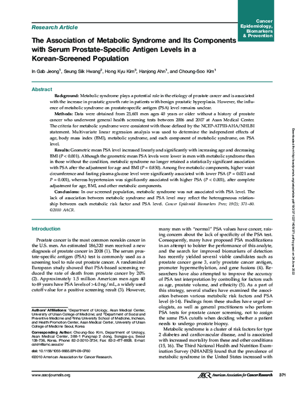 (PDF) The Association of Metabolic Syndrome and Its Components with ...