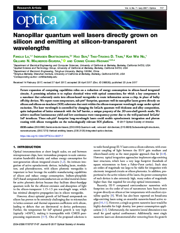 (PDF) Nanopillar quantum well lasers directly grown on silicon and ...