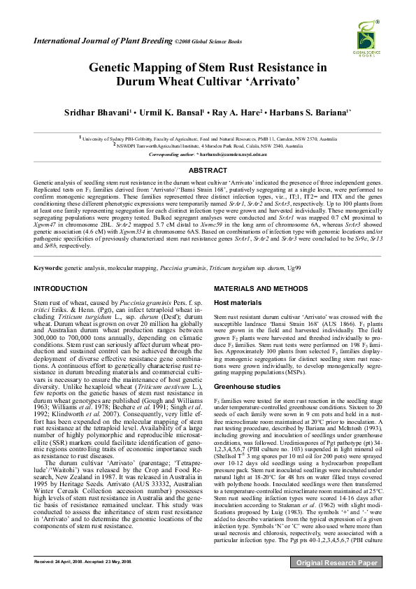 (PDF) Genetic Mapping of Stem Rust Resistance in Durum Wheat Cultivar ...