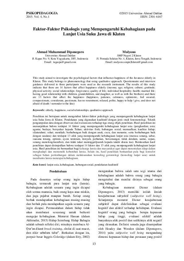 (PDF) FaktorFaktor Psikologis yang Mempengaruhi Kebahagiaan pada
