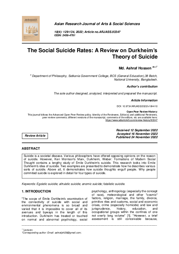 (PDF) The Social Suicide Rates: A Review on Durkheim’s Theory of Suicide