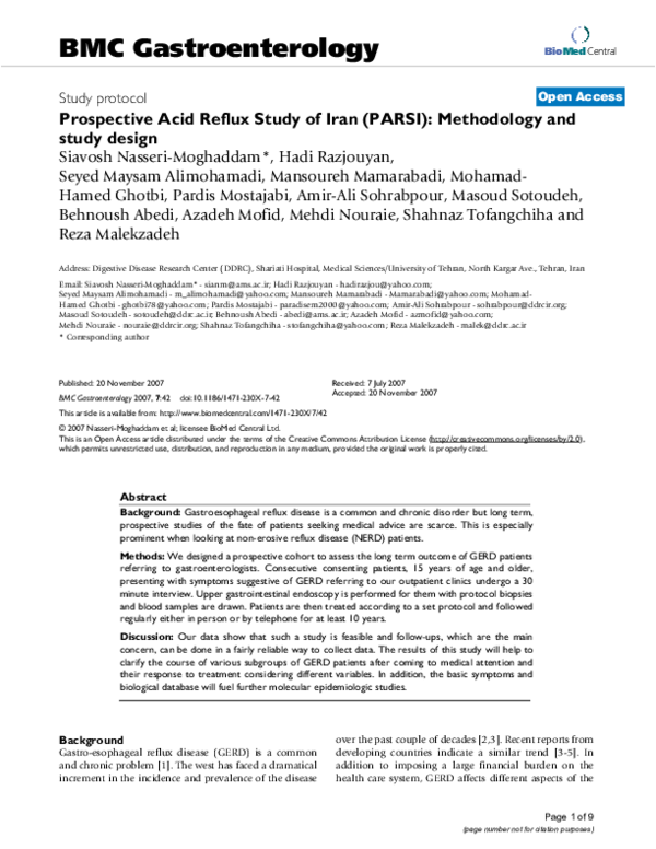 (PDF) Prospective Acid Reflux Study of Iran (PARSI): Methodology and ...