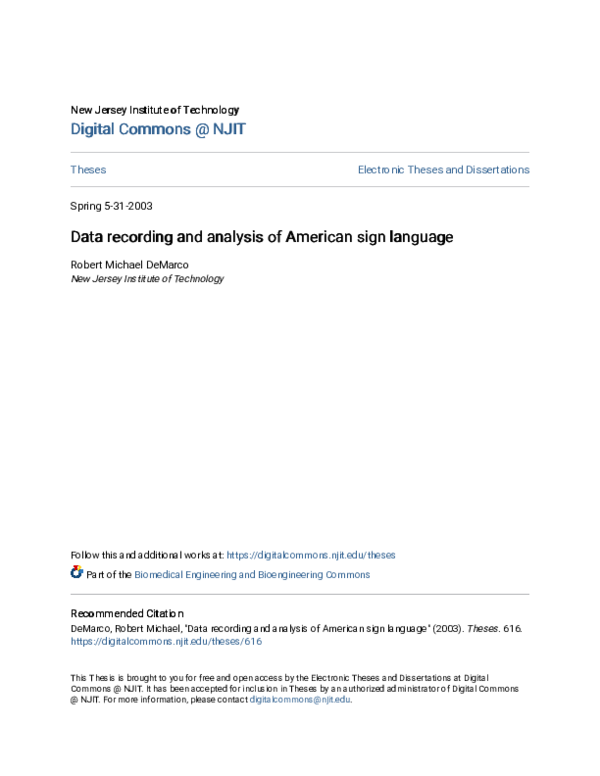 (PDF) Data recording and analysis of American Sign Language