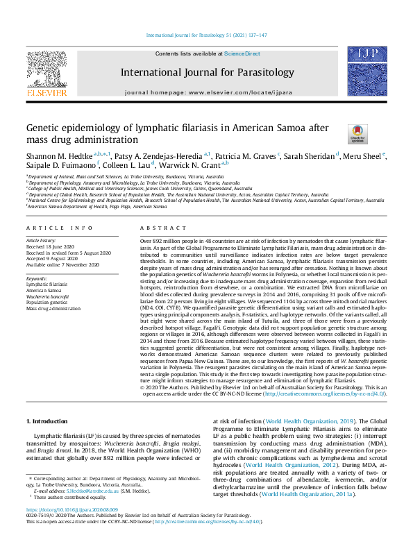 (PDF) Genetic epidemiology of lymphatic filariasis in American Samoa ...